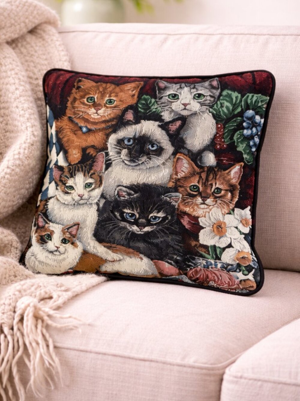 Cat Tapestry Pillow La France Home Kittens Floral Decor Made USA